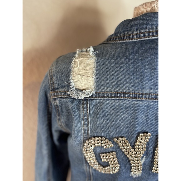 Judith March Distressed Jean Jacket Rhinestone Gypsy W/ Embroidered Stars Boho M - Picture 5 of 16